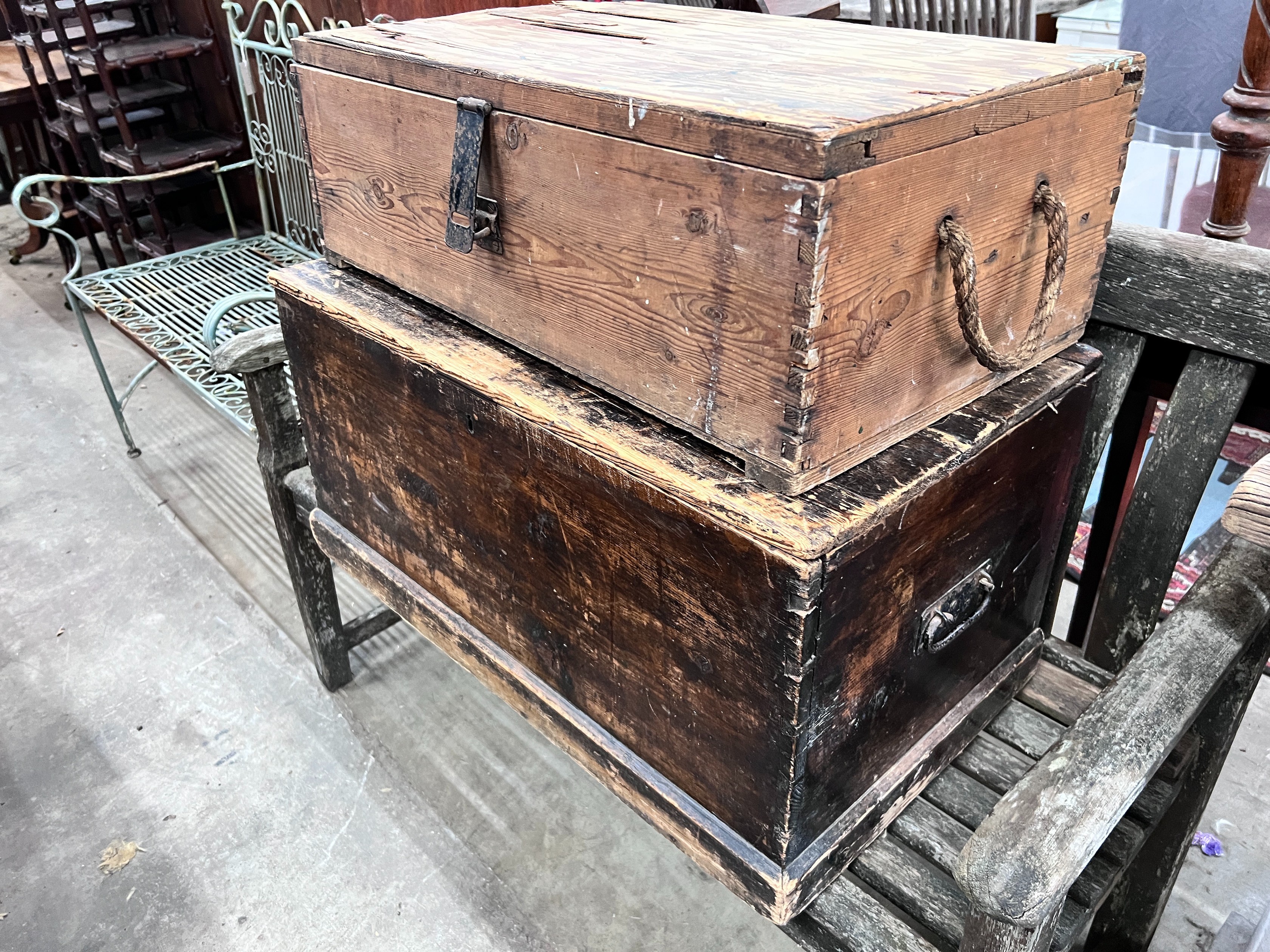 A stained pine trunk, width 77cm and a pine and plywood trunk, width 71cm *Please note the sale commences at 9am.